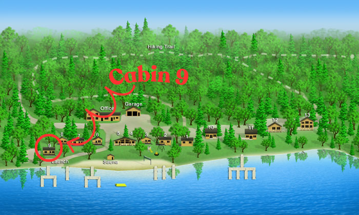 Illustrated lakeside cabin map with red labels, forested hills, docks, and boats