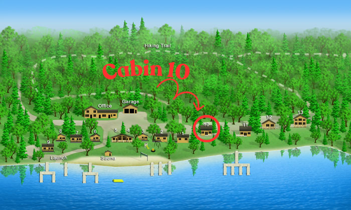 Lakeside cabin map labeled “Cabin 10” with trees, houses, docks, and a red circled location