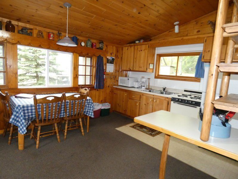 Cozy wood-paneled kitchen and dining area with checkered tablecloth, chairs, stove, and large windows