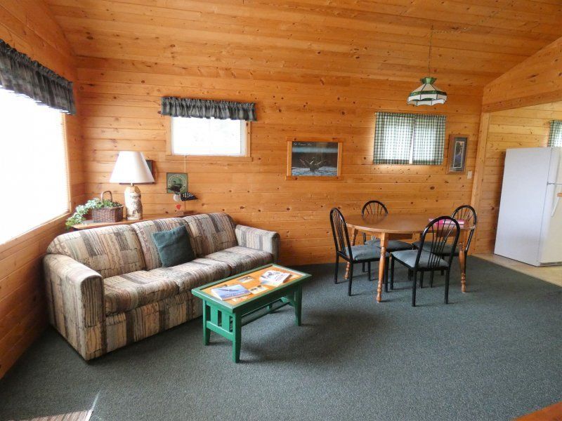 Cozy cabin living room with wood-paneled walls, sofa, coffee table, dining set, lamp, and refrigerator.