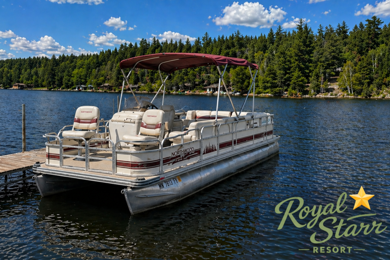 Pontoon boat on a lake at Royal Starr Resort, with forest and blue sky in the background