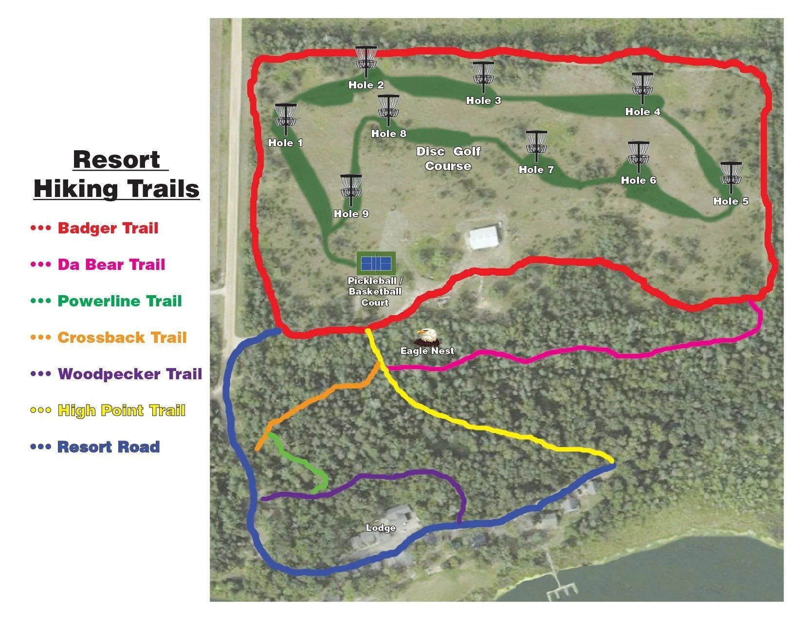 Resort hiking trails map with color-coded routes and legend over aerial terrain.