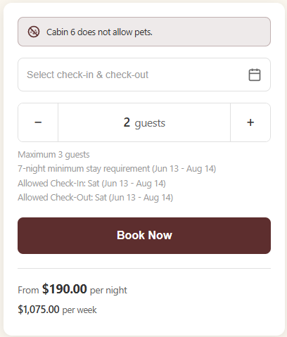Cabin booking card with pet notice, date selector, guest count, Book Now button, and pricing details