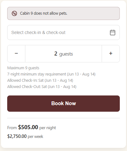 Booking panel for a cabin rental with date picker, 2 guests selected, and a maroon “Book Now” button.