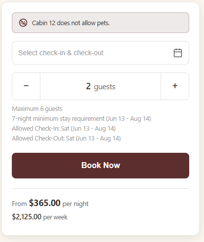 Vacation rental booking panel with check-in/out dates, guest selector, and Book Now button