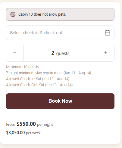 Cabin booking card with pet warning, check-in/out dates, guest selector, Book Now button, and nightly/weekly prices