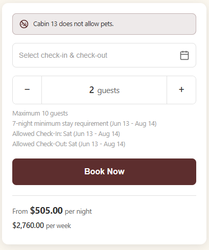 Booking panel for Cabin 13: pet restriction, date picker, guest selector, Book Now button, $505/night.