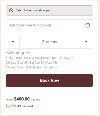 Booking widget with check-in/out dates, guest selector, and maroon Book Now button; note says cabin does not allow pets.