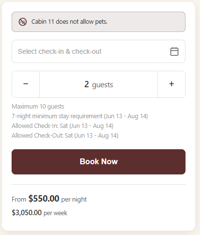 Vacation rental booking panel with dates, 2 guests selector, and “Book Now” button; pet notice at top