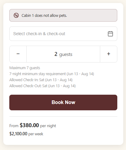Booking card showing pet restriction, date selector, guest count, and a maroon “Book Now” button with pricing.