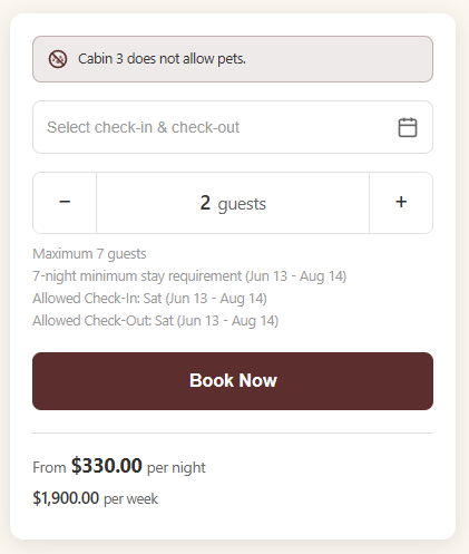 Booking form with date picker, 2 guests, and brown “Book Now” button showing $330 per night.