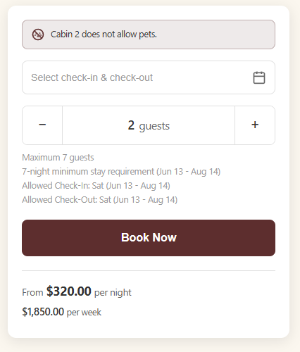 Vacation rental booking panel with dates, guest count, pet notice, and a Book Now button