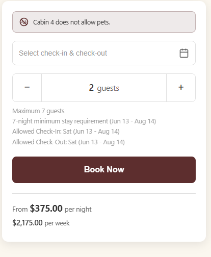 Booking panel with pet notice, date selector, 2 guests, and maroon “Book Now” button with price details.