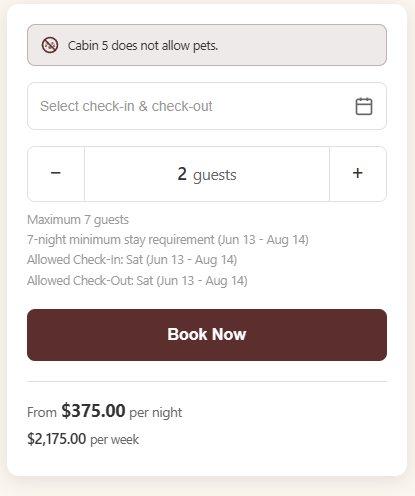 Booking panel for Cabin 5 with date selector, 2 guests, and maroon “Book Now” button; from $375/night.