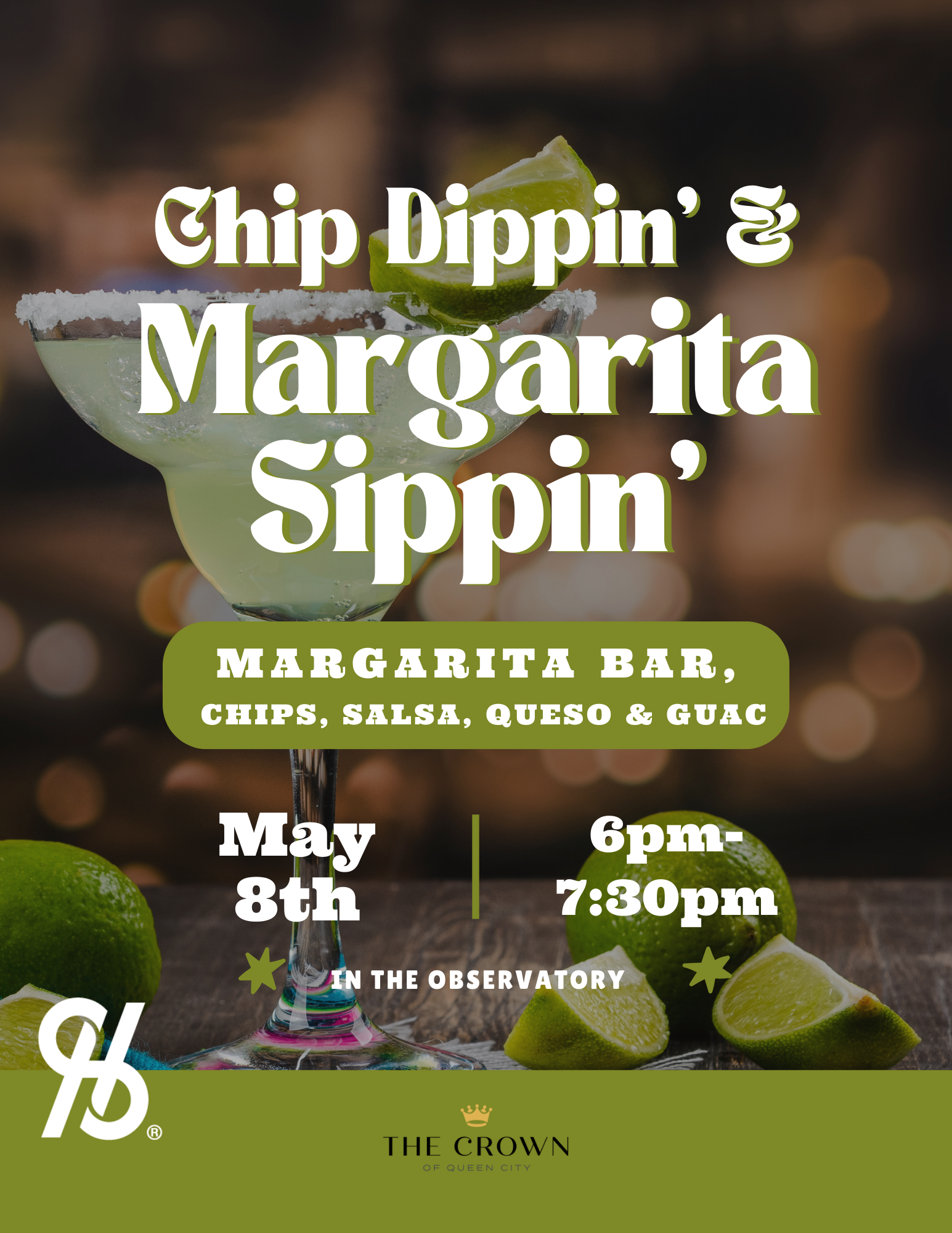 A poster for a margarita bar , chips , salsa , queso and guacamole.