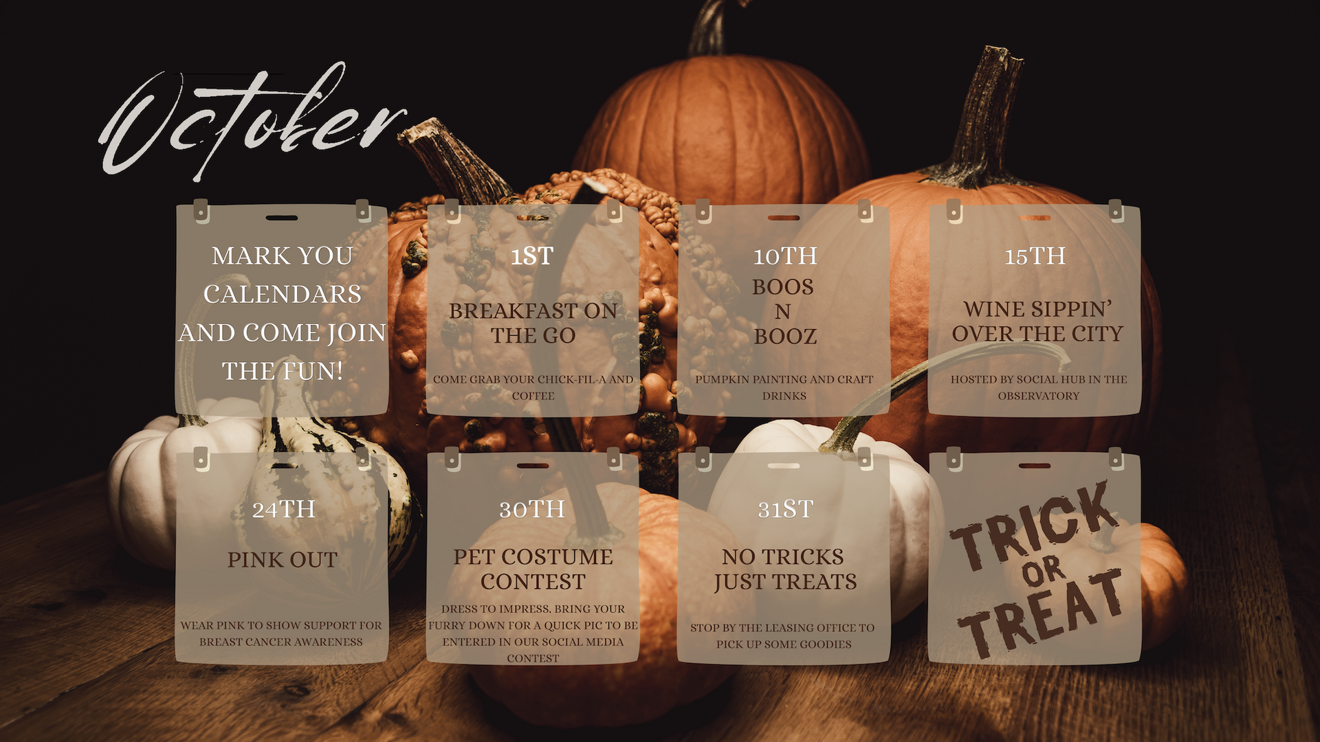 October events with pumpkins in the background; events include contests and Trick or Treat.
