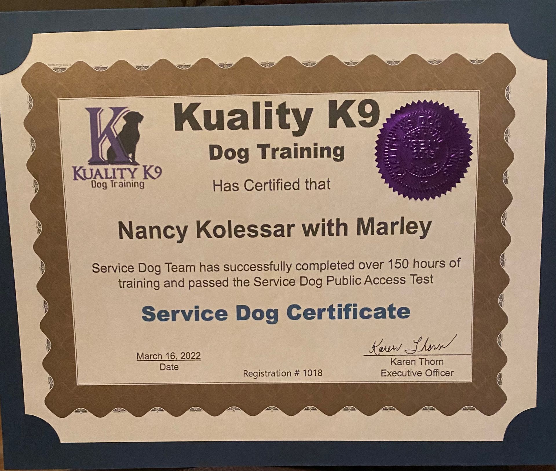 A kuality k9 dog training certificate for nancy kolessar with marley
