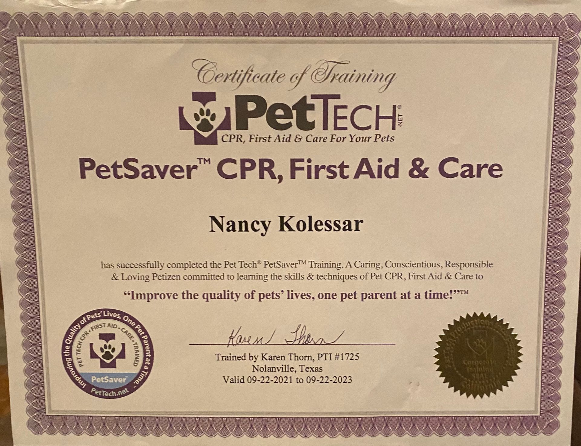 A certificate of training for pettech cpr first aid and care