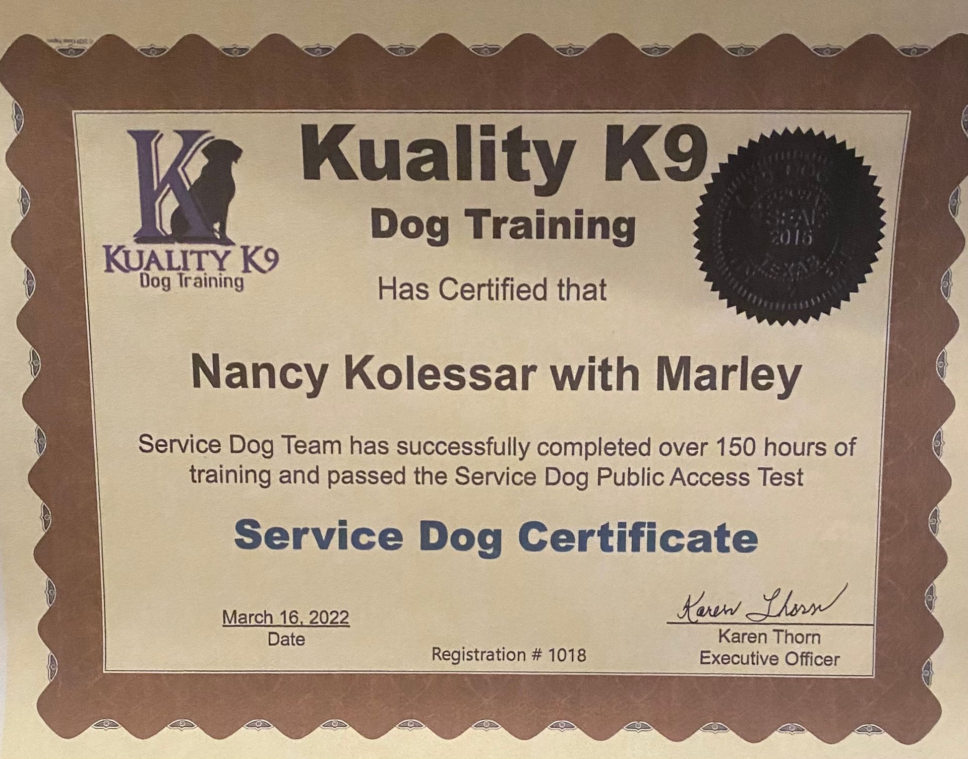 A quality k9 dog training certificate for nancy kolesar with marley