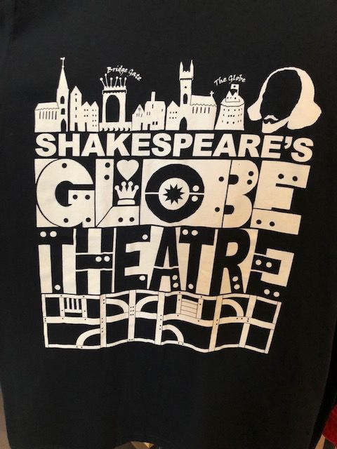 A black shirt that says shakespeare 's globe theatre