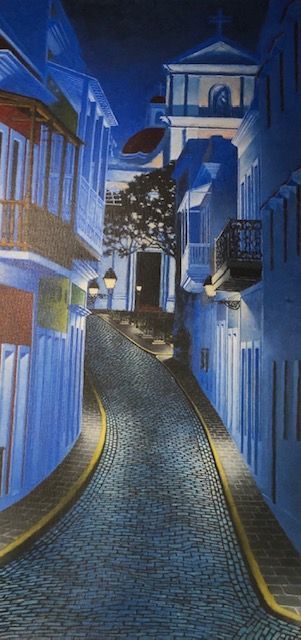 A painting of a cobblestone street lined with buildings at night.