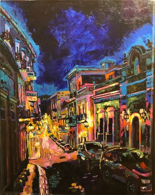 A colorful painting of a city street at night