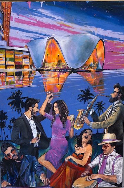 A painting of a group of people dancing and playing instruments