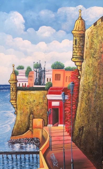 A painting of a castle on a cliff overlooking the ocean