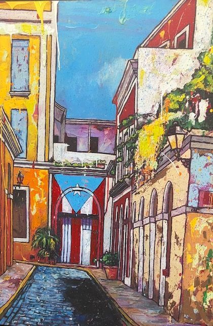 A painting of a narrow street with a flag on the door