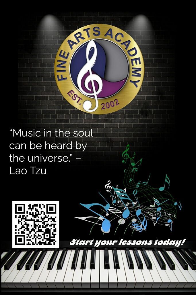 A poster for the fine arts academy with a piano keyboard