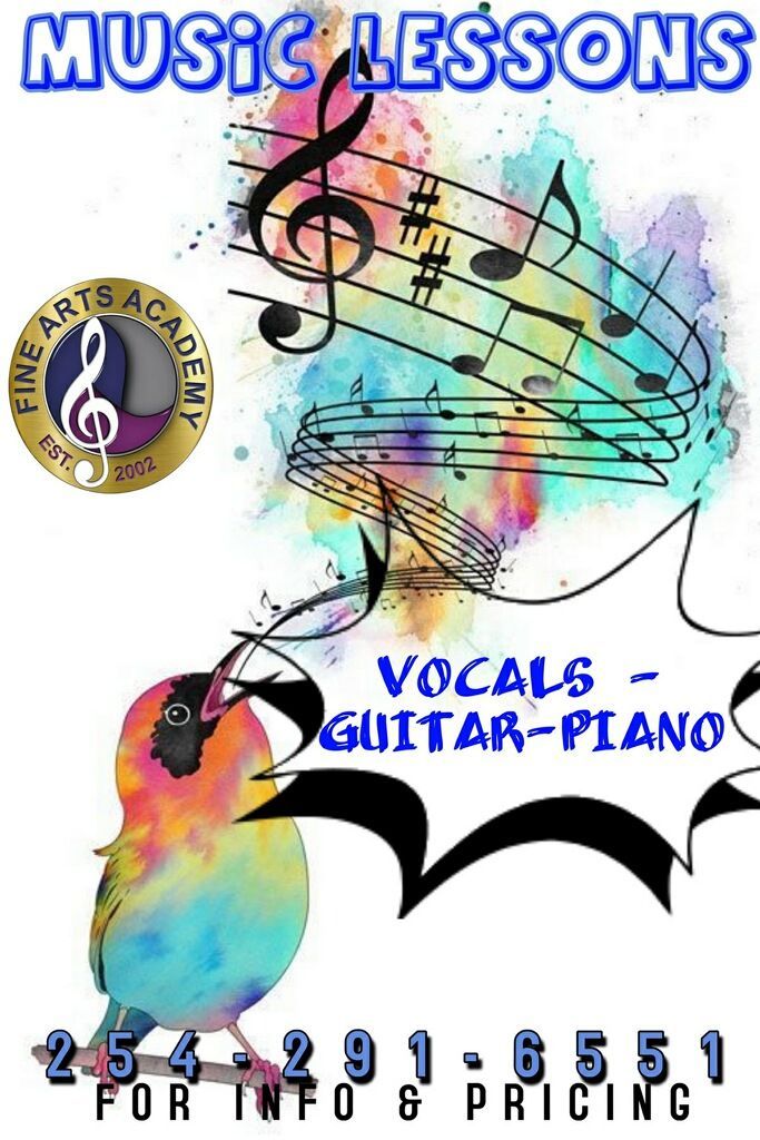 A poster for music lessons for vocals guitar and piano