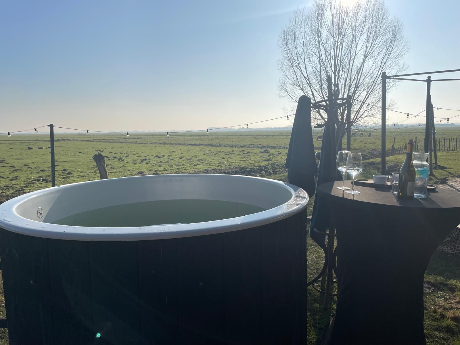 Een jacuzzi naast een tafel met drankjes in de buitenlucht op een zonnige dag. Een groen veld en bomen op de achtergrond.