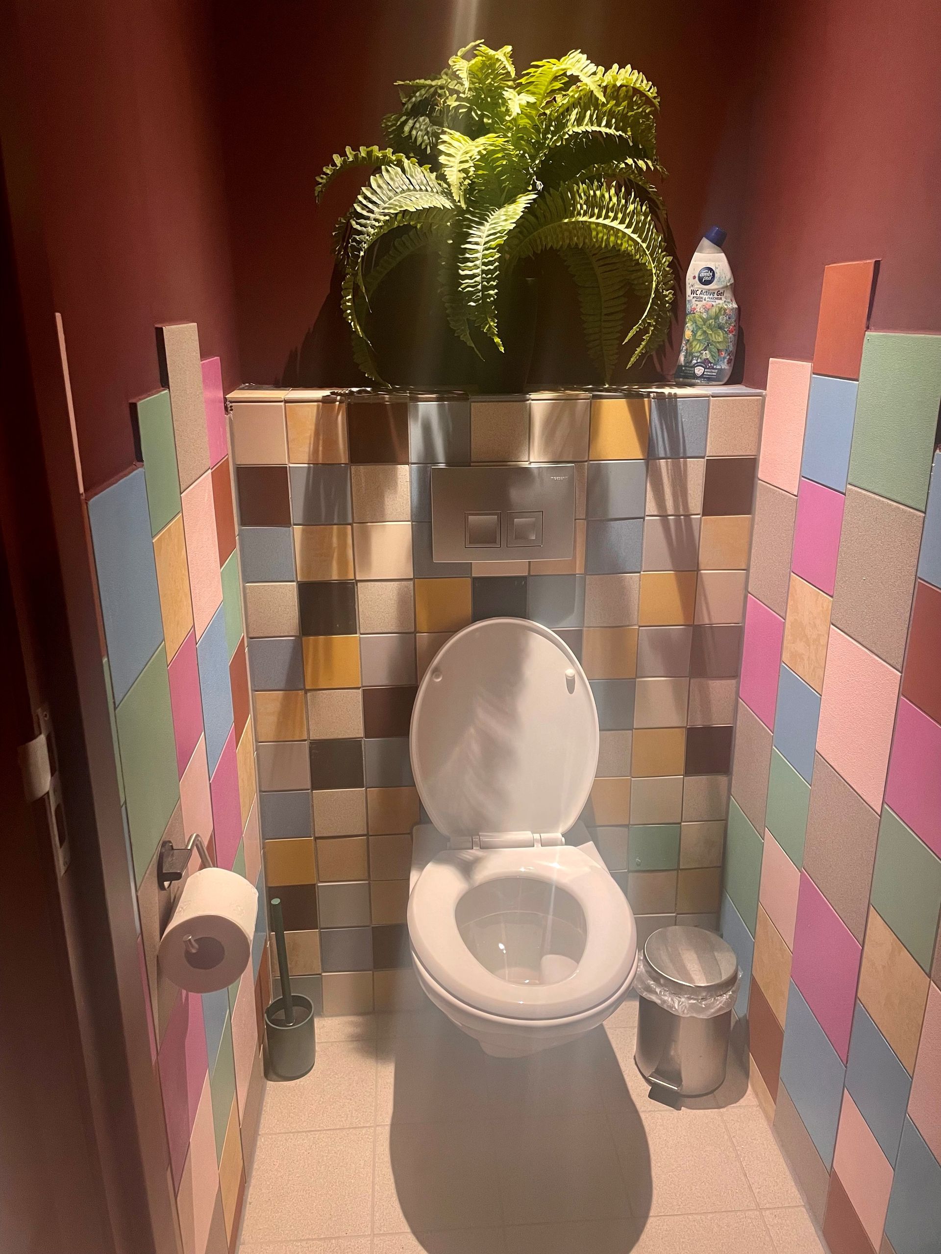 Toilet in een badkamer met kleurrijke tegelwanden en speelmatranden, met een grote plant erboven.