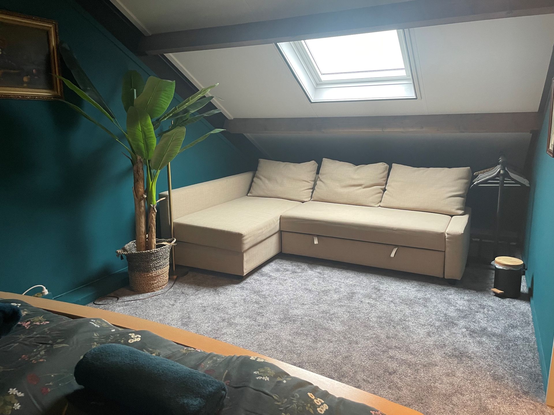 Zolderkamer met turquoise muren, beige hoekbank, dakraam, hoge plant en grijs tapijt.