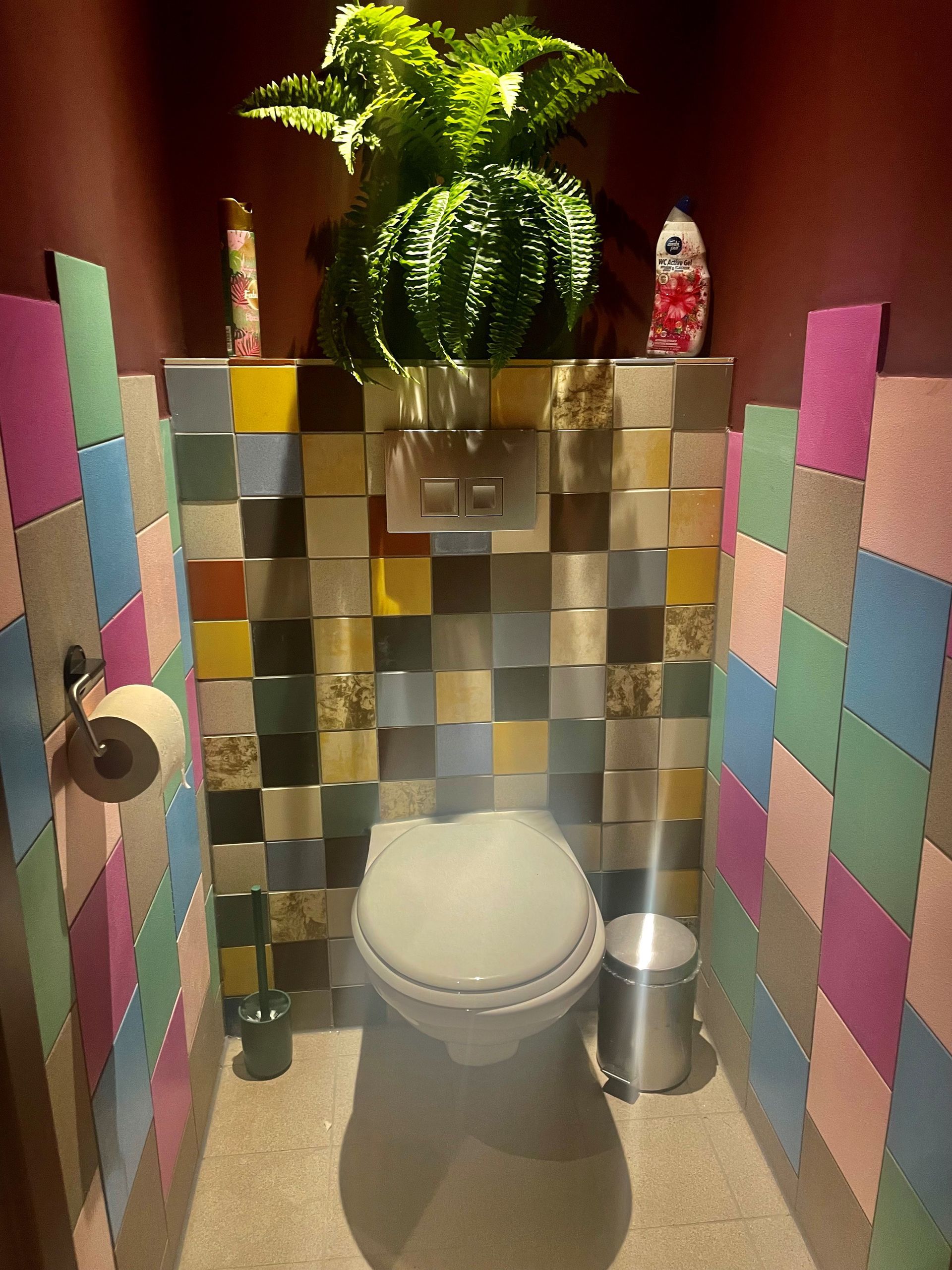Toilet met veelkleurige tegels en decoratieve varens.