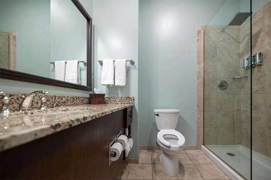 Bathroom with light blue walls, granite countertop, glass shower, and toilet.