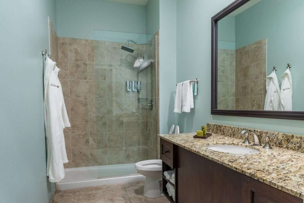 Bathroom with blue walls, granite countertop, shower, toilet, mirror, and white robes hanging.