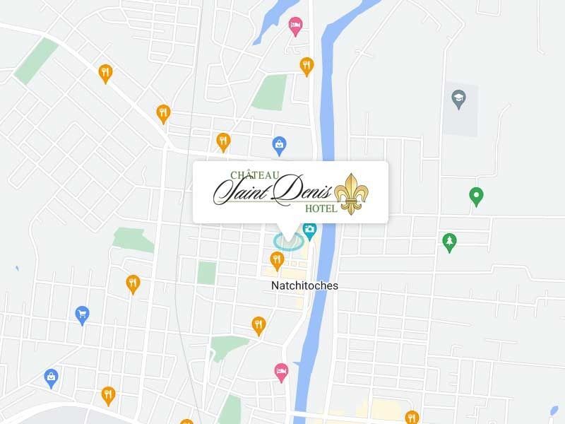Map of Natchitoches with Chateau Saint Denis Hotel highlighted. Other points of interest are marked.