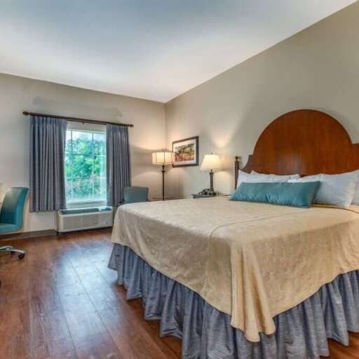 Bedroom with bed, window, desk, and wood flooring. Beige walls, brown headboard, blue accents.