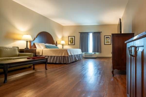 Hotel room with a bed, couch, dresser, and lamps. Wood floors and tan walls.
