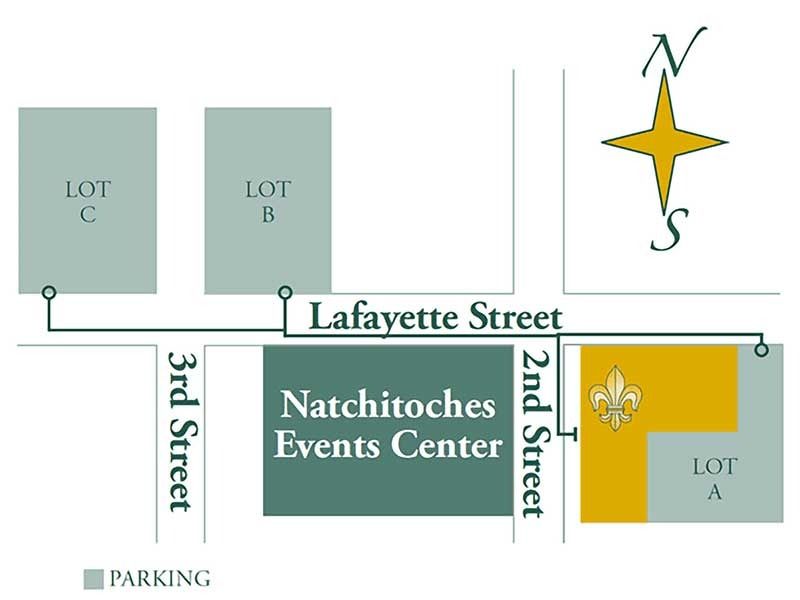 Map of Natchitoches Events Center showing parking lots and street locations.