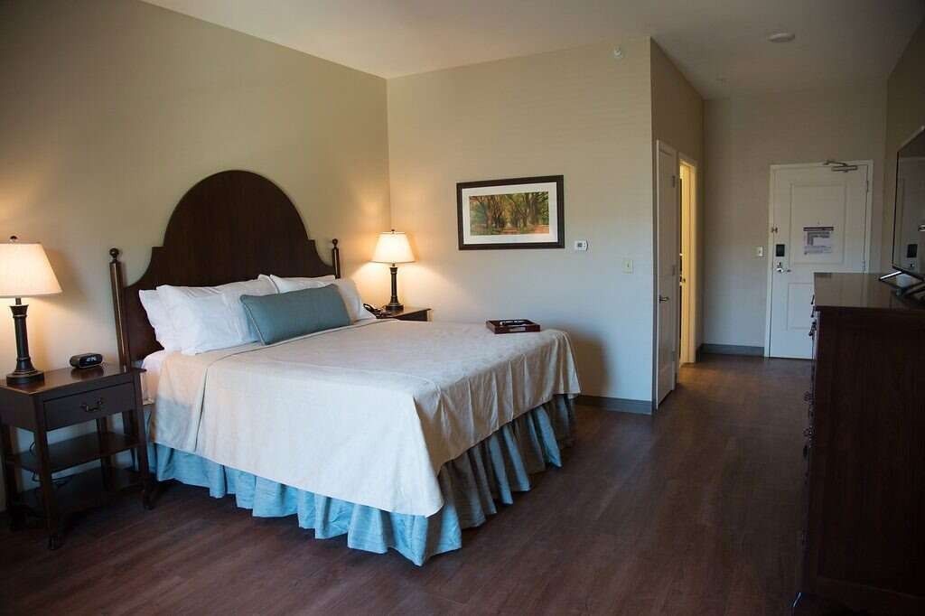Bedroom with a large bed, wooden furniture, and lamps. Earth-toned walls, dark floors, and a framed print.