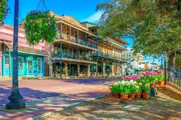 Brick street in historic district with colorful buildings, hanging flowers, and potted tulips.