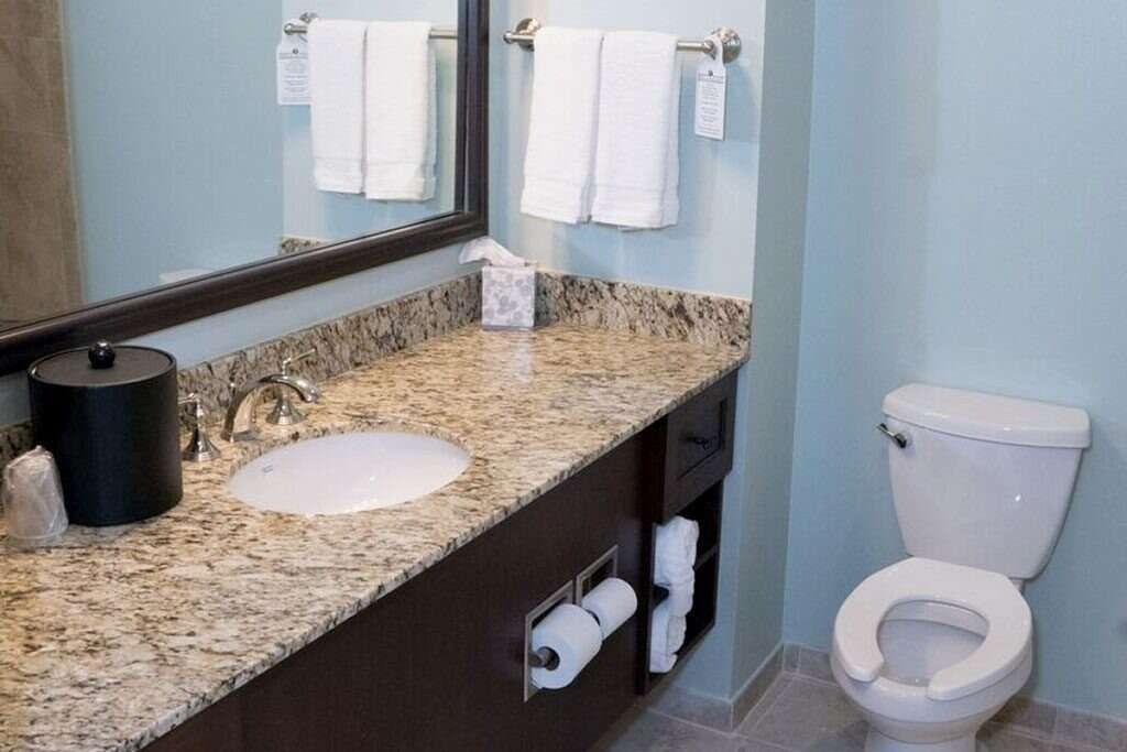 Bathroom with a sink, toilet, mirror, and towels; blue walls and brown countertop.