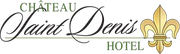 Logo for Château Saint Denis Hotel: Script lettering, Fleur-de-lis icon, green text.