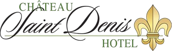 Logo for Château Saint Denis Hotel: Script lettering, Fleur-de-lis icon, green text.