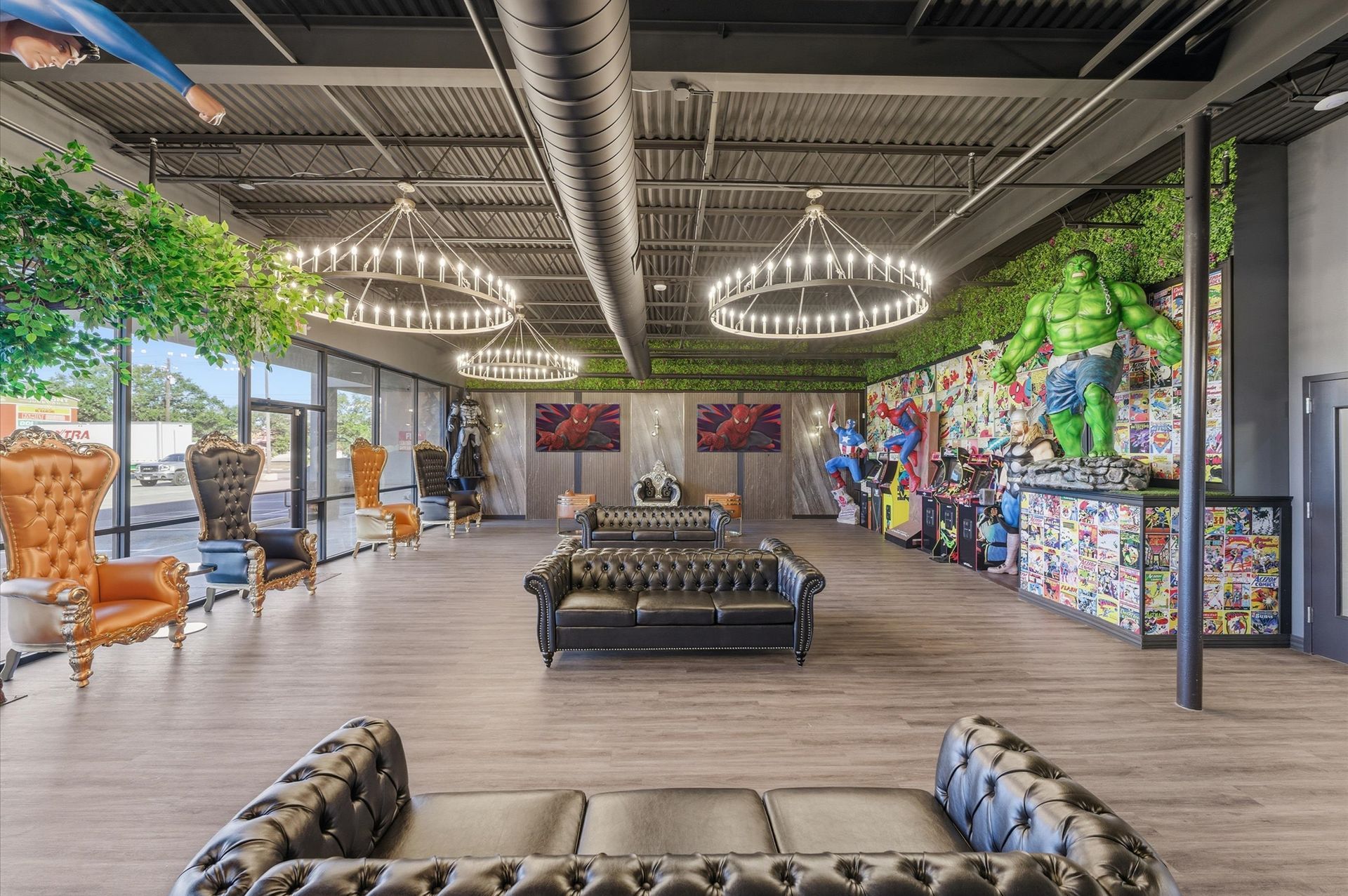 Spacious, themed interior with superhero décor, seating, and decorative lighting. Adventure Smiles Dental and Orthodontics -Pasadena