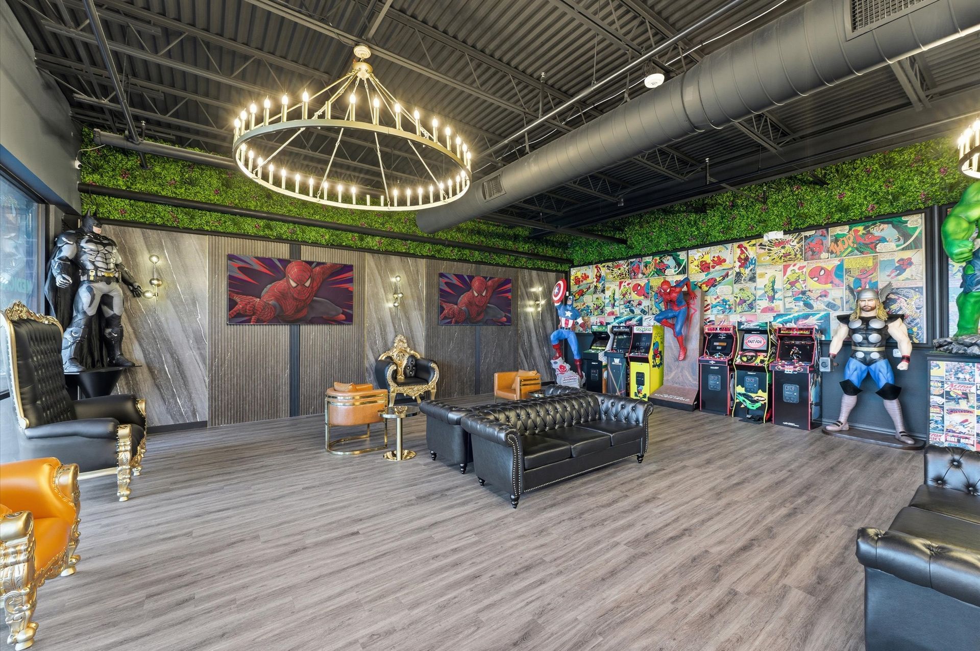 Game room with arcade games, couches, and decorative lighting. Adventure Smiles Dental and Orthodontics -Pasadena