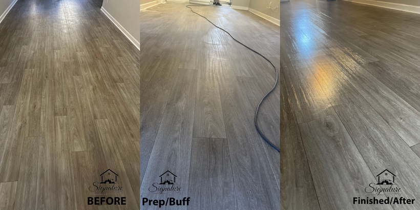 A before and after photo of a wooden floor in a kitchen.