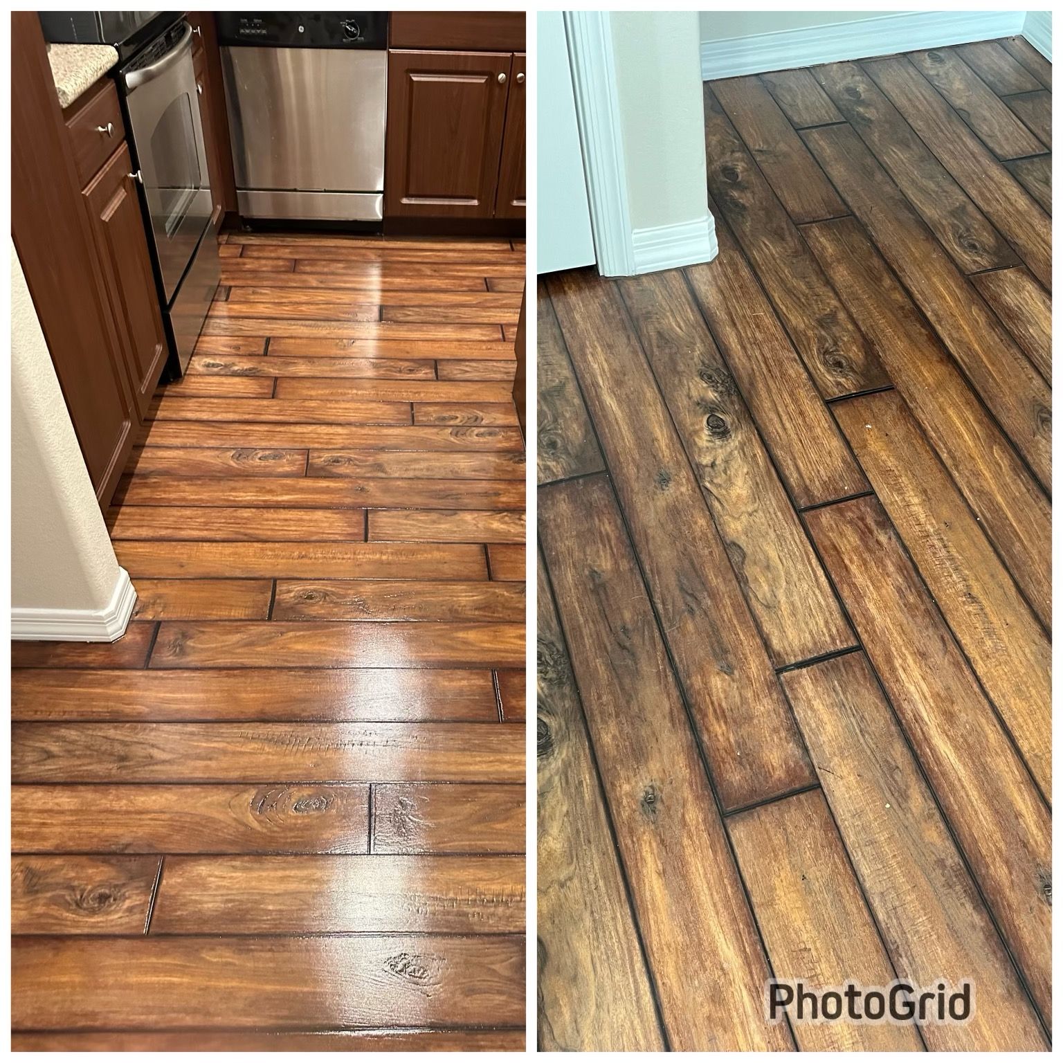 A before and after photo of a wooden floor in a kitchen.
